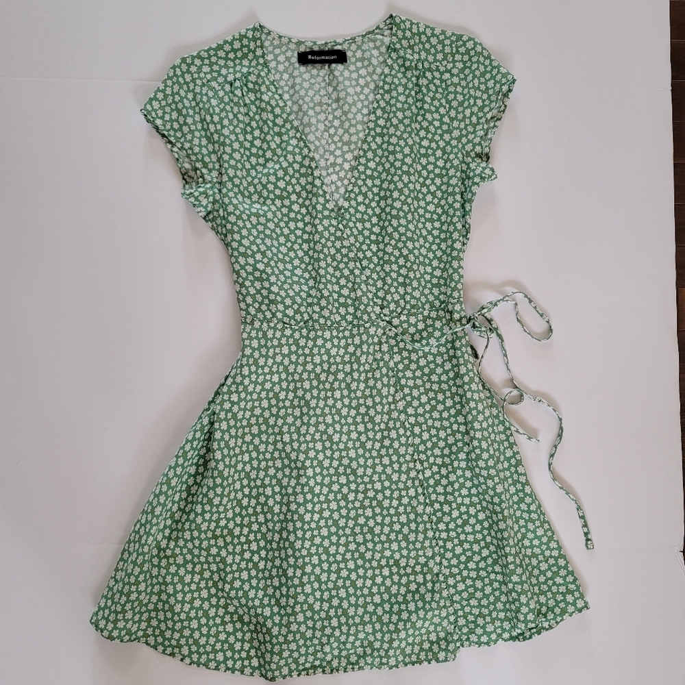 Reformation Ports Wrap Dress In Green And White Floral, XS, Summer Romantic - Picture 2 of 6